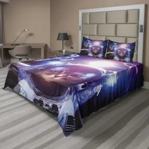 Ambesonne Space Cat Sheet Set, Astronauts in Nebula Galaxy with Eclipse in Saturn Planets Image, Fitted and Flat Sheet with Pillowcases Bedding Accent 4 Piece Set, Calking, Dark Blue Purple