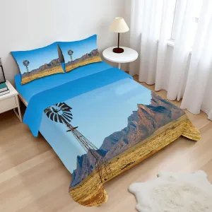 Ambesonne Windmill Sheet Set, Flinders Ranges South Australia Mountains Barren Land Summer, Fitted and Flat Sheet with Pillowcases Bedding Accent 4 Piece Set, Full, Earth Yellow Pale Blue