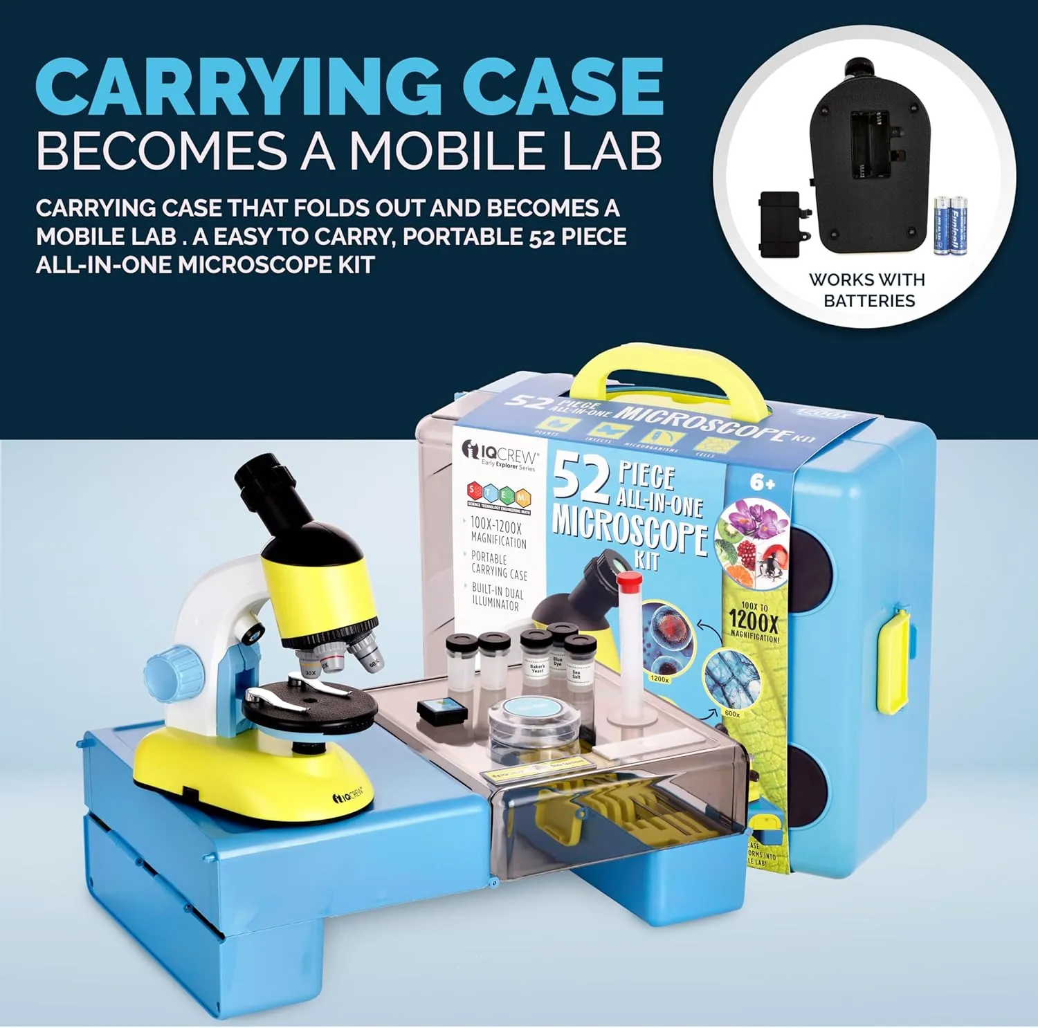 AmScope IQCREW - 100X-1200X Compound Starter Microscope Kit w/Dual LED Illuminators, Disc Condenser, Carrying Case/Mobile Lab, Microscope Book, and Accessory Kit for Ages 8  | M44-KT-WM