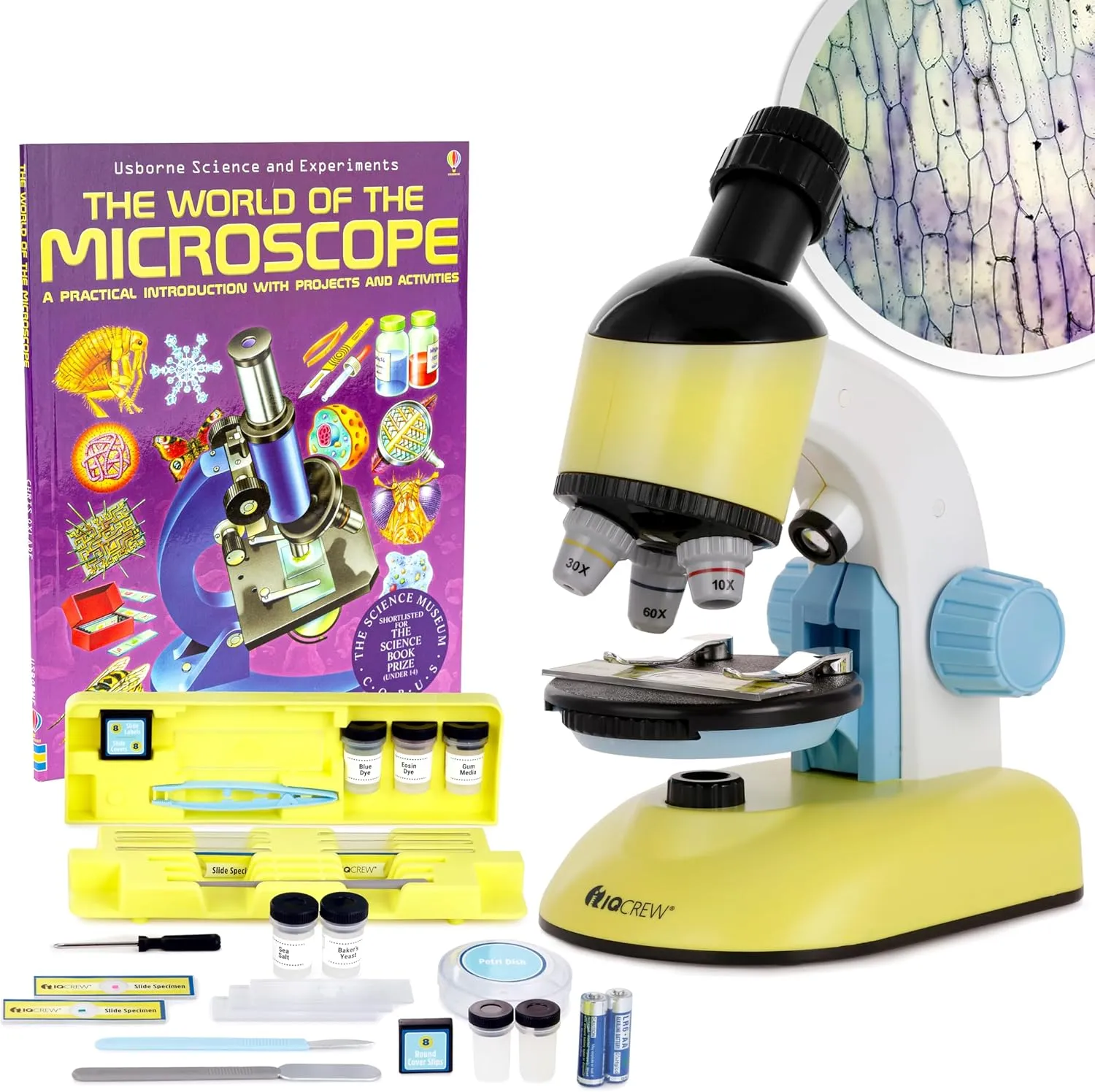 AmScope IQCREW - 100X-1200X Compound Starter Microscope Kit w/Dual LED Illuminators, Disc Condenser, Carrying Case/Mobile Lab, Microscope Book, and Accessory Kit for Ages 8  | M44-KT-WM