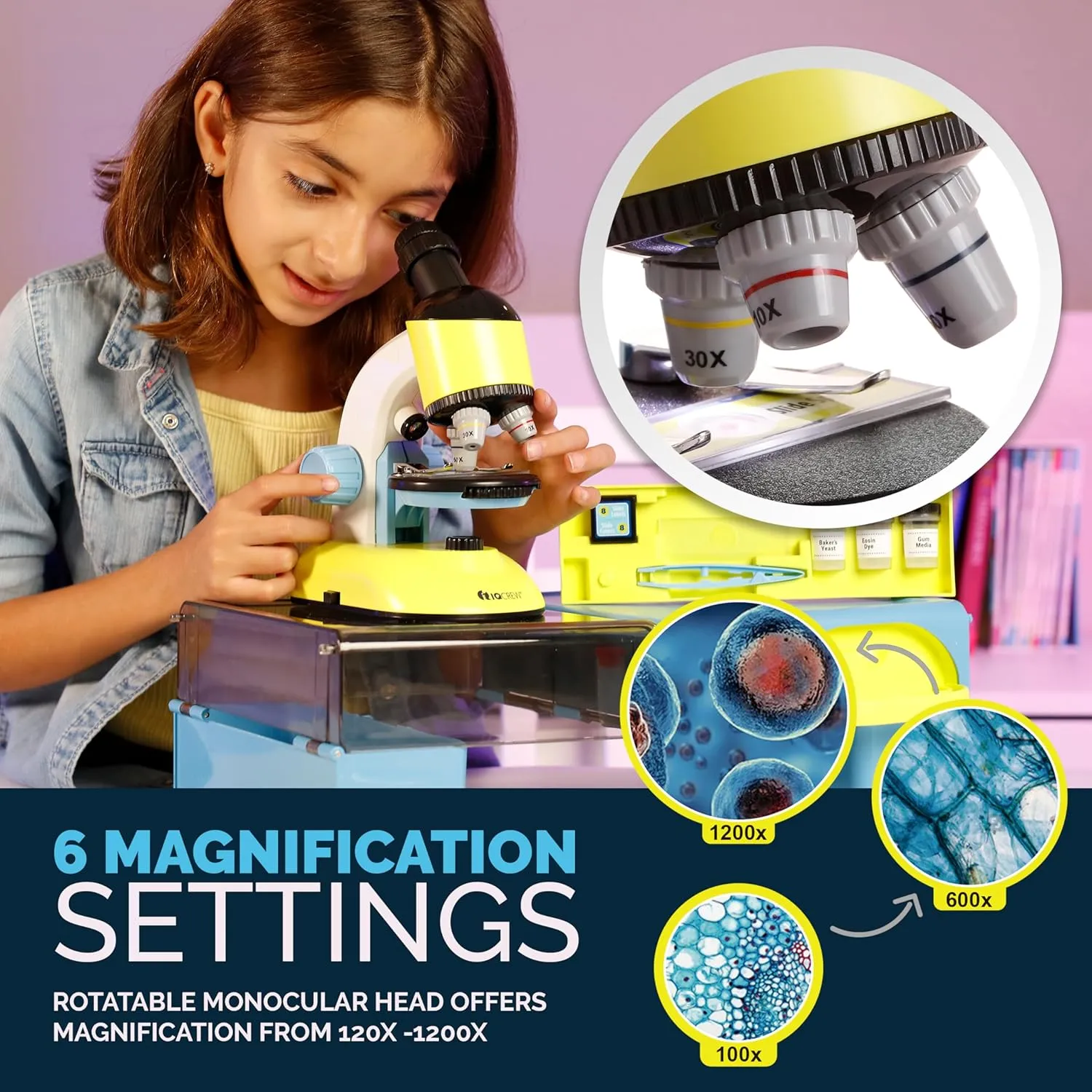 AmScope IQCREW - 100X-1200X Compound Starter Microscope Kit w/Dual LED Illuminators, Disc Condenser, Carrying Case/Mobile Lab, Microscope Book, and Accessory Kit for Ages 8  | M44-KT-WM