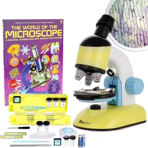AmScope IQCREW - 100X-1200X Compound Starter Microscope Kit w/Dual LED Illuminators, Disc Condenser, Carrying Case/Mobile Lab, Microscope Book, and Accessory Kit for Ages 8  | M44-KT-WM