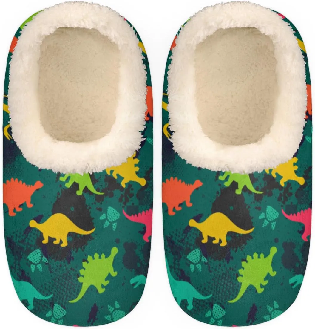 Animal Footprints Women's Slippers, Cartoon Dinosaur Soft Cozy Plush Lined House Slipper Shoes Indoor Non-Slip Slippers for Women Girls Teenager