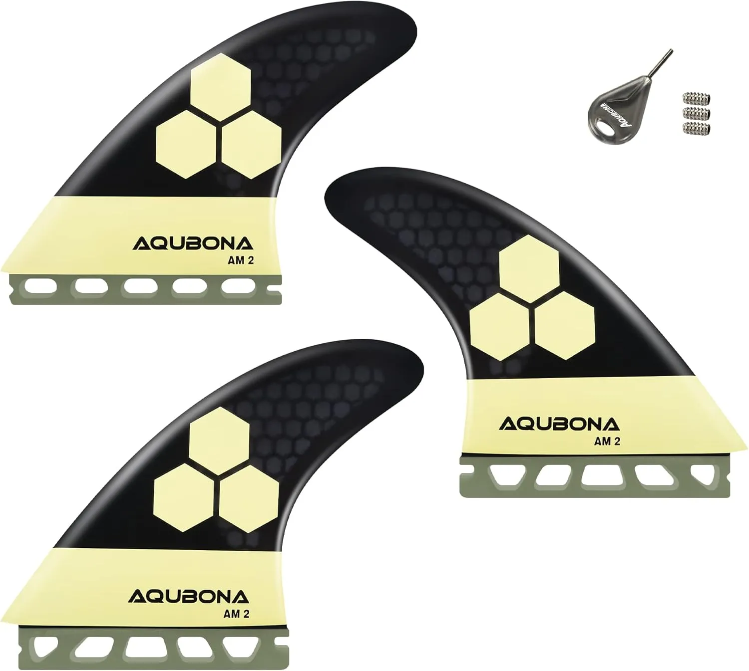 AQUBONA Dual Tab II G5 Tri Fin Set Surfboard Fins Fiberglass Fins for Surfing with Fin Bag Key Screw (Yellow, Single Tab) (Yellow)
