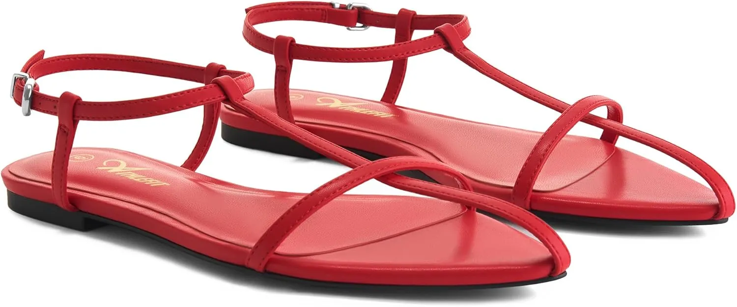 Athlefit Flat Sandals for Women Comfortable Buckle Strappy Sandals Pointed Open Toe Ankle Strap Sandals