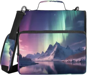 ATTX Winter Aurora Borealis Zipper Binder with Adjustable Padded Strap - 3 Ring 500 Sheet Capacity Binder Bag with Multi-Pocket Organizer, Fits 12 Inch Laptop#48