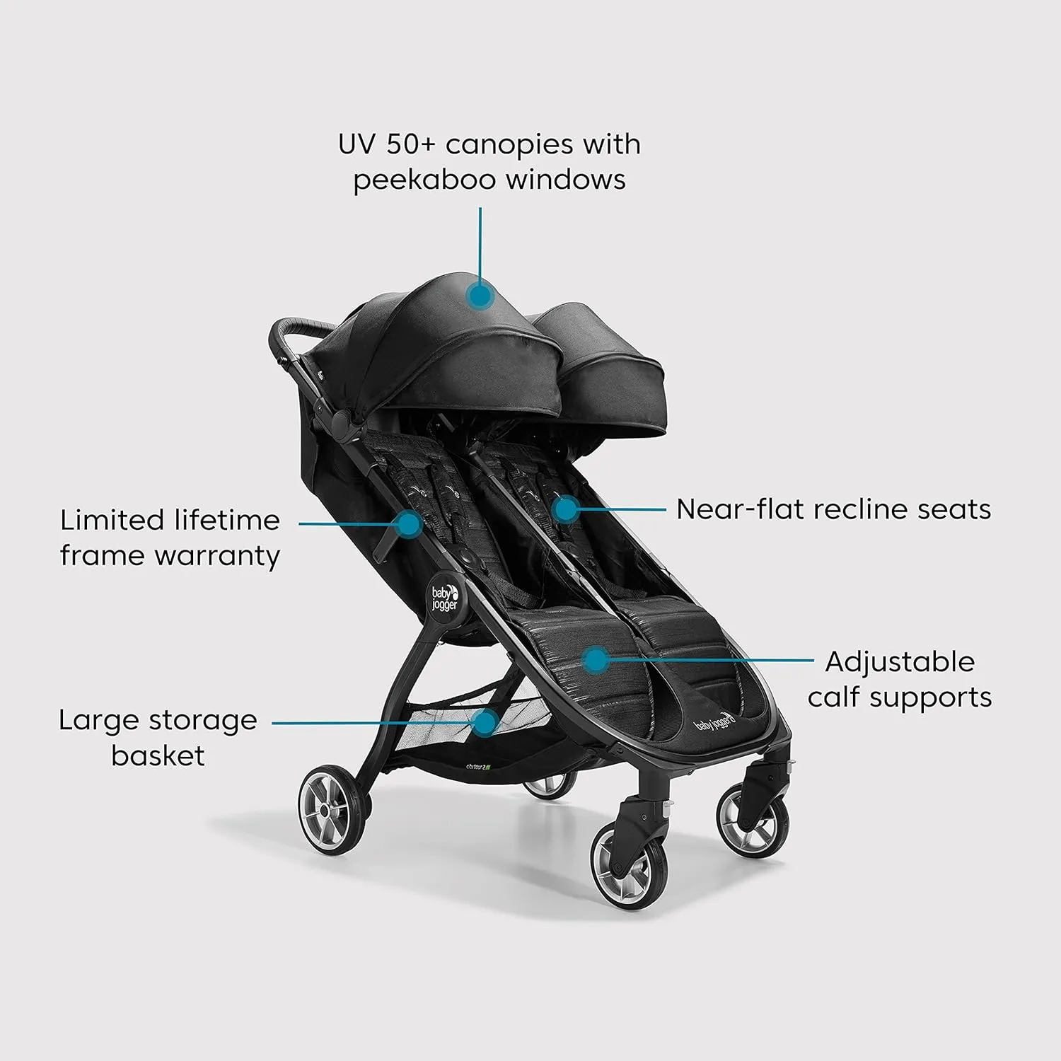 Baby Jogger City Tour 2 Double Stroller Compact & Sleek Twin Design with Easy-To-Maneuver Features Ideal for Growing Kids Plush Imported