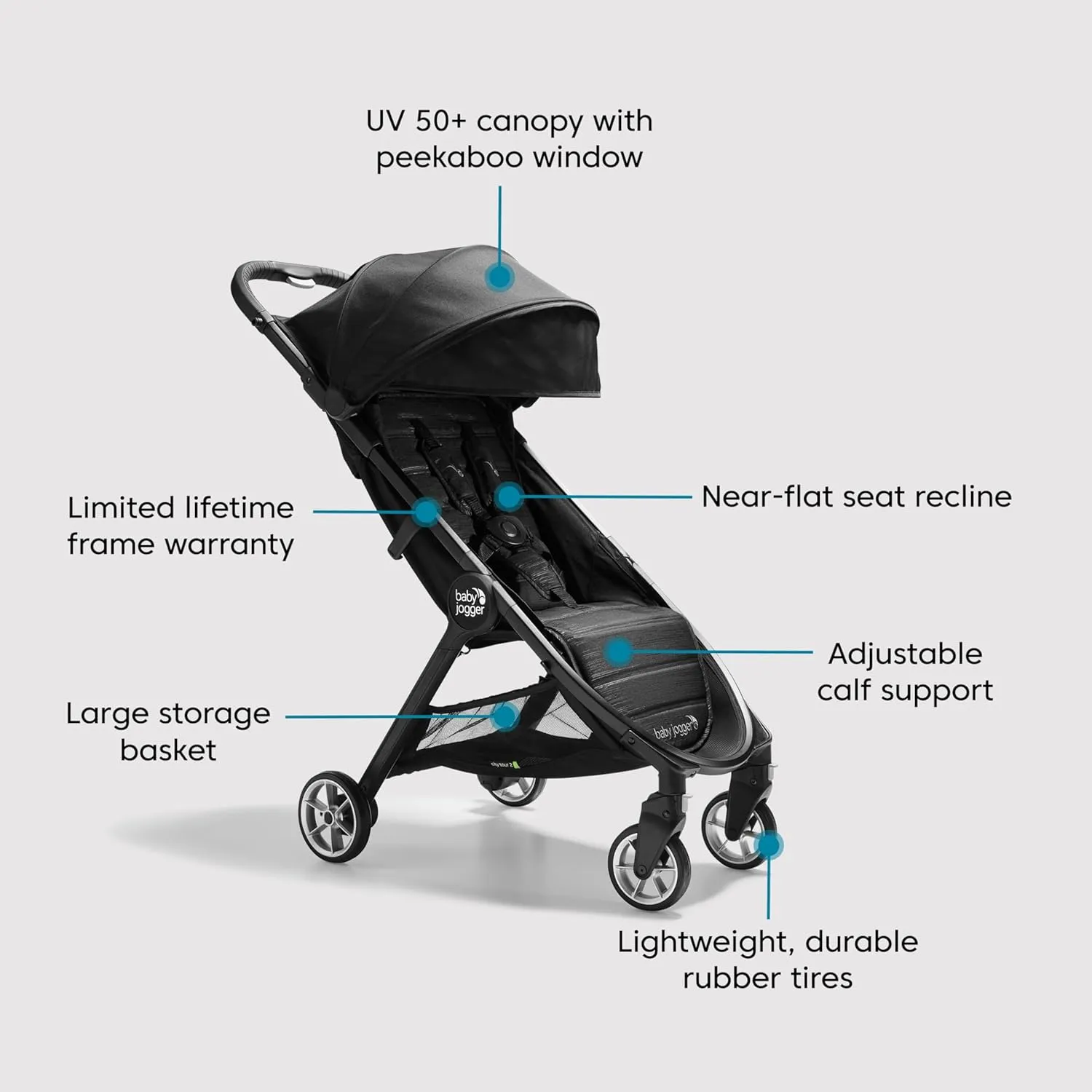 Baby Jogger City Tour 2 Ultra-Compact Carry-On Approved Travel Stroller in Pitch Black Lightweight Easy Fold Ideal for Traveling and Everyday Adventures