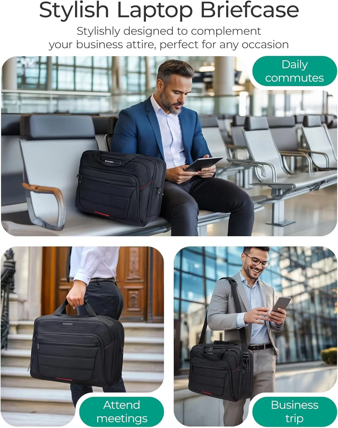 BAGSMART 17.3 Inch Laptop Bag, Expandable Laptop Briefcase, Computer Bag for Men, Mens Work Bag for Business Travel, Black