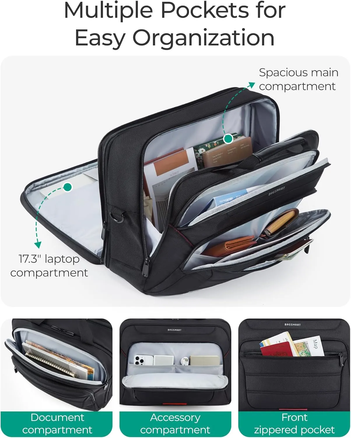 BAGSMART 17.3 Inch Laptop Bag, Expandable Laptop Briefcase, Computer Bag for Men, Mens Work Bag for Business Travel, Black