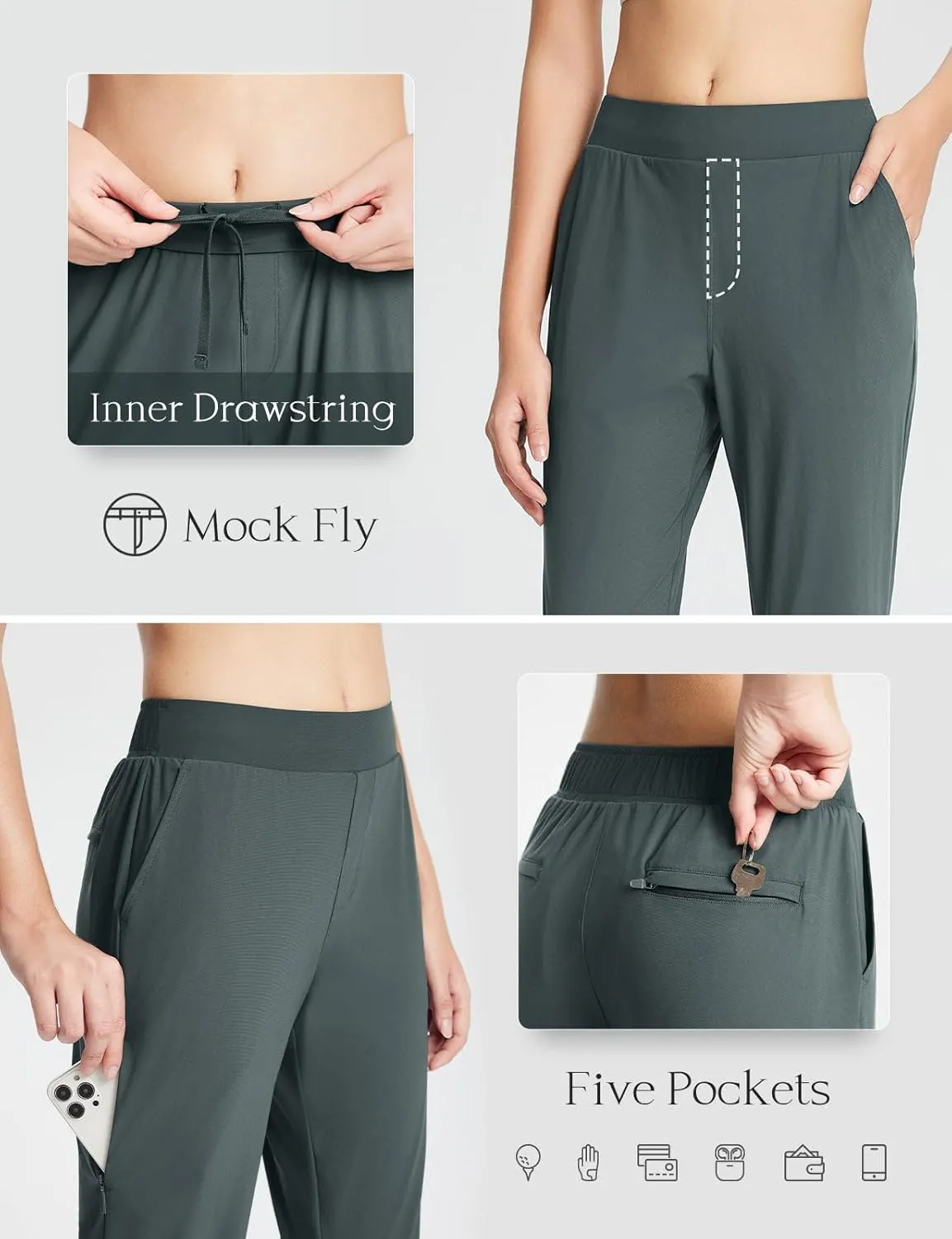 baleaf Women's Golf Pants Petite Stretch Lightweight 7/8 Travel Pants Zip Pockets Casual Work Ankle
