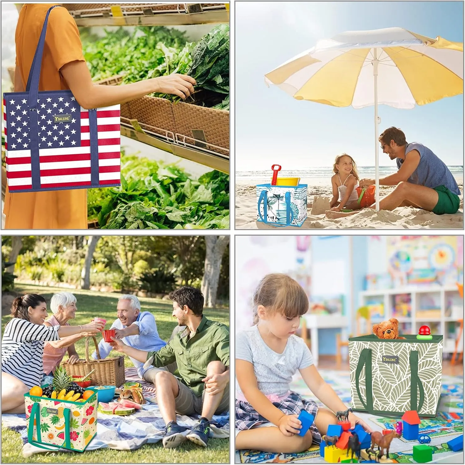 BALEINE 3Pk Reusable Grocery Bags, Foldable Shopping Bags for Groceries with Reinforced Bottom & Handles (Patriot Celebration)