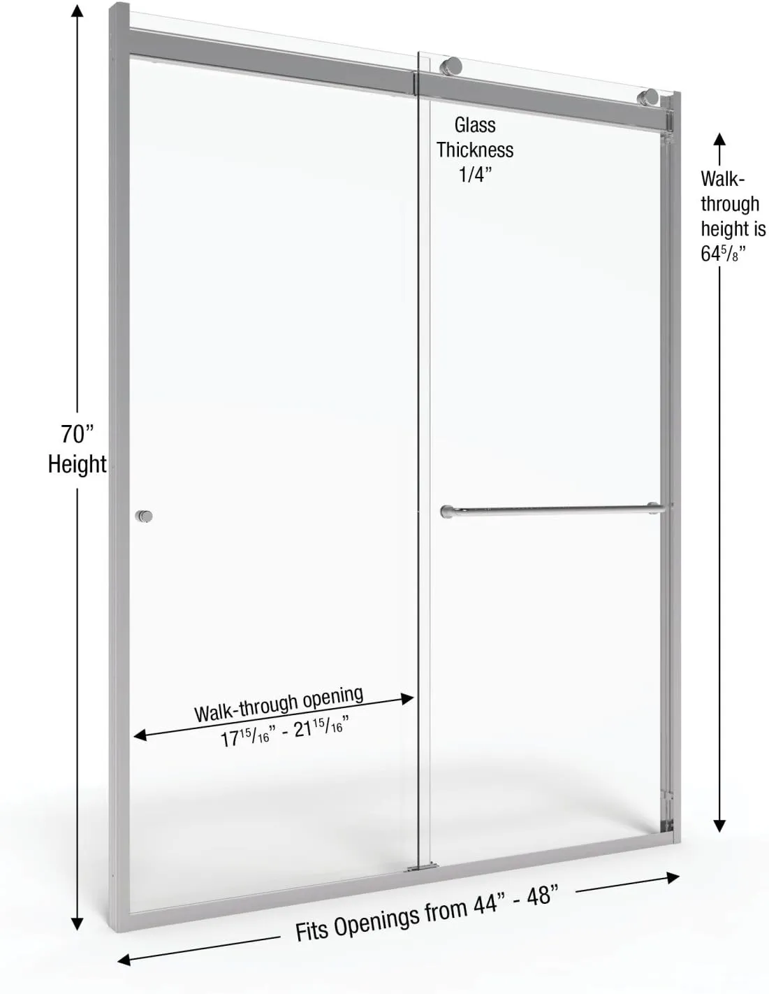 Basco Shower Door RTLA05B4870XPSV Rotolo Sliding Shower Door, Chrome, 44-48 in. Wide x 70 in. high, 1/4 in. AquaGlideXP Clear Tempered Glass