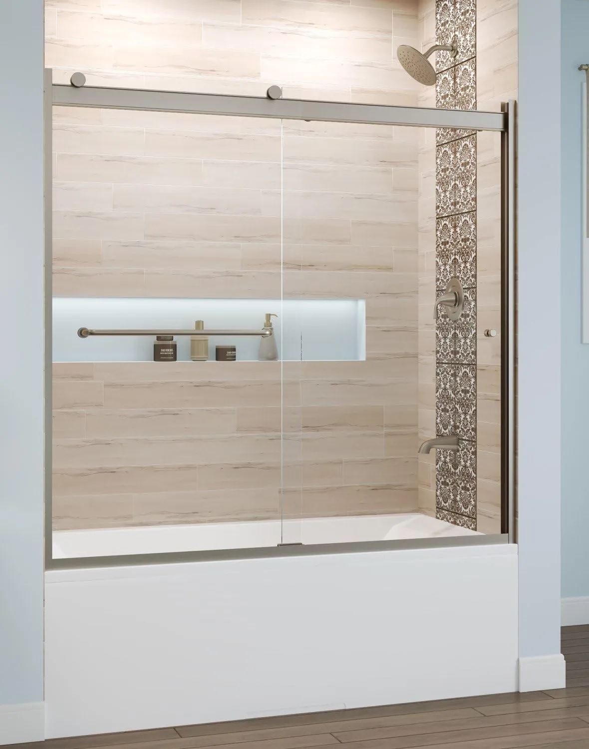 Basco Shower Door RTLA05B6057CLBN Rotolo Sliding Tub Door 56-60 in. W x 57 in. H, Brushed Nickel, 1/4 in. Clear Tempered Glass