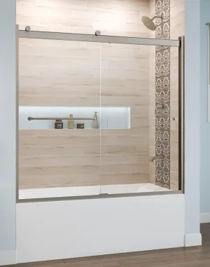Basco Shower Door RTLA05B6057CLBN Rotolo Sliding Tub Door 56-60 in. W x 57 in. H, Brushed Nickel, 1/4 in. Clear Tempered Glass