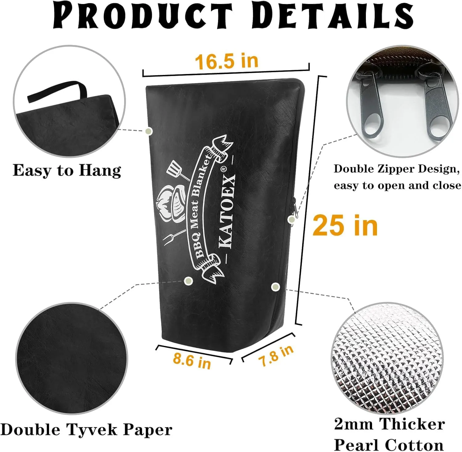 BBQ Blanket for Resting Meat, BBQ Brisket Blanket Meat Resting Blanket for Smoking, Grilling Meat Insulated Resting Bag with Wide Mouth for Large Brisket/Turkey (25in Black)