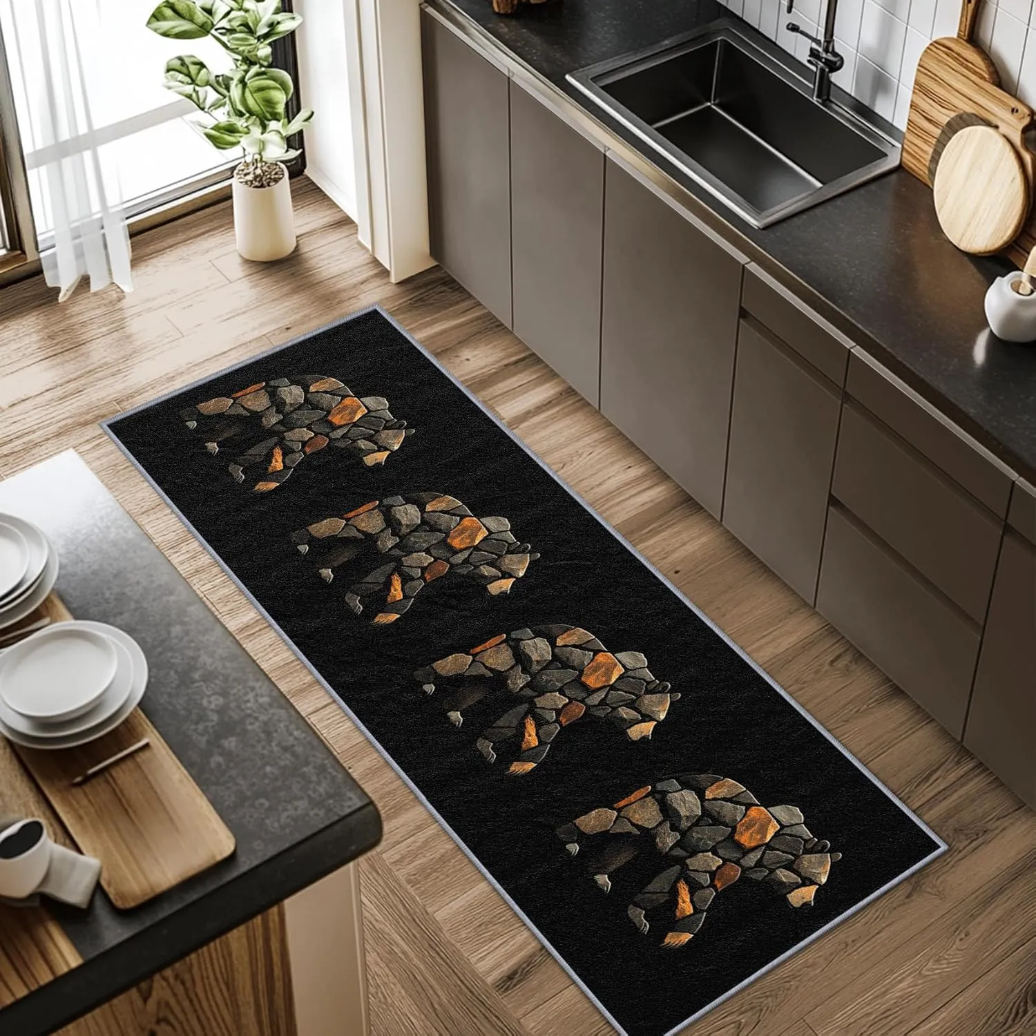 Bear Print Runner Rug, Bear Runner Rug, 2x8ft, Wildlife Cabin Animal Lodge Black Runner Rugs, Farmhouse Country Easy Clean Washable Runners Carpet - Bear Home Decor