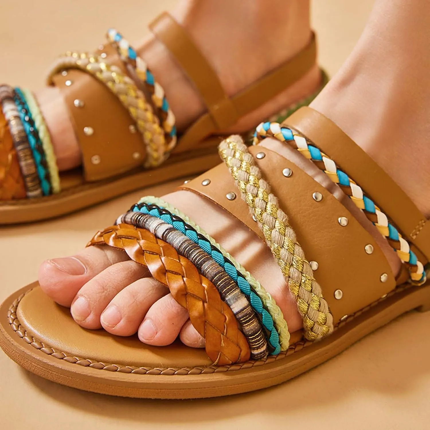 BEAU TODAY Flat Sandals for Women, Fashion Strappy Sandal Comfortable Arch Support Open Toe Beach Dressy Leather Summer Low Platform Sandals