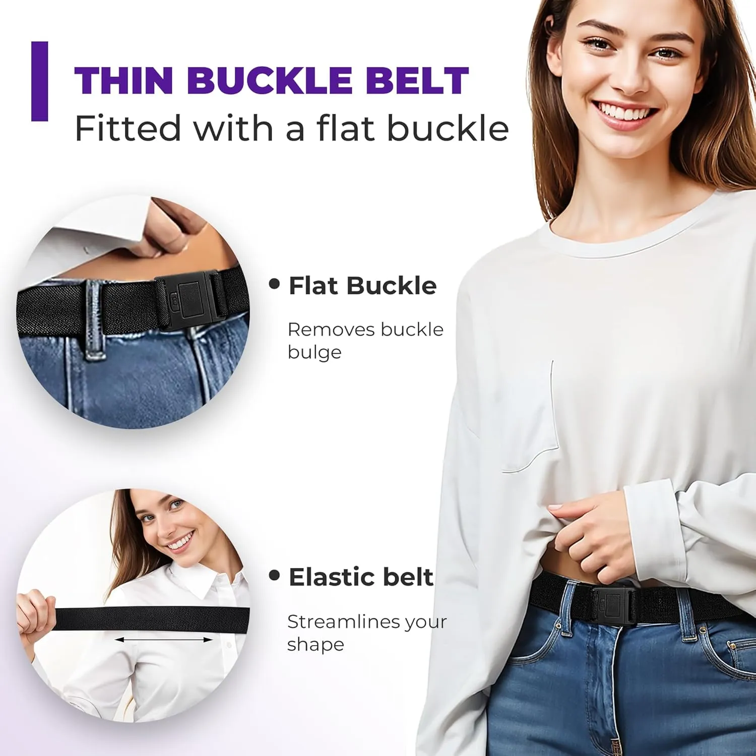 BELTAWAY Easily Adjustable Elastic Flat Buckle No Show Belts for Women – Stretch No Bulge jeans pants
