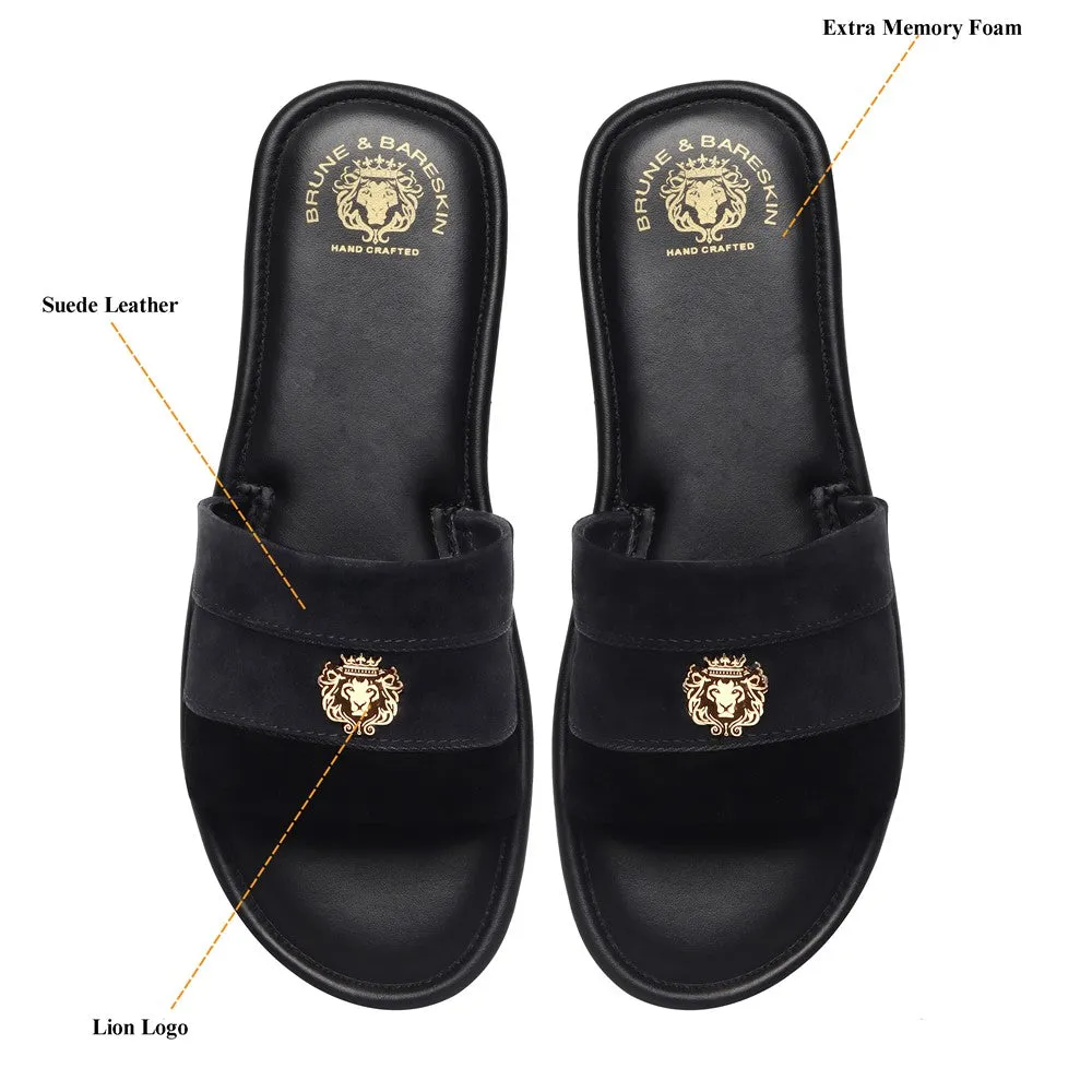Black Suede Leather Strap Slide-in Slippers by BRUNE & BARESKIN