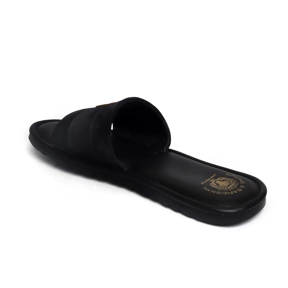 Black Suede Leather Strap Slide-in Slippers by BRUNE & BARESKIN