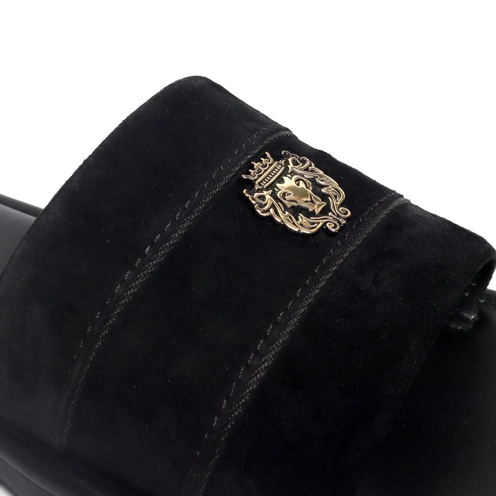 Black Suede Leather Strap Slide-in Slippers by BRUNE & BARESKIN