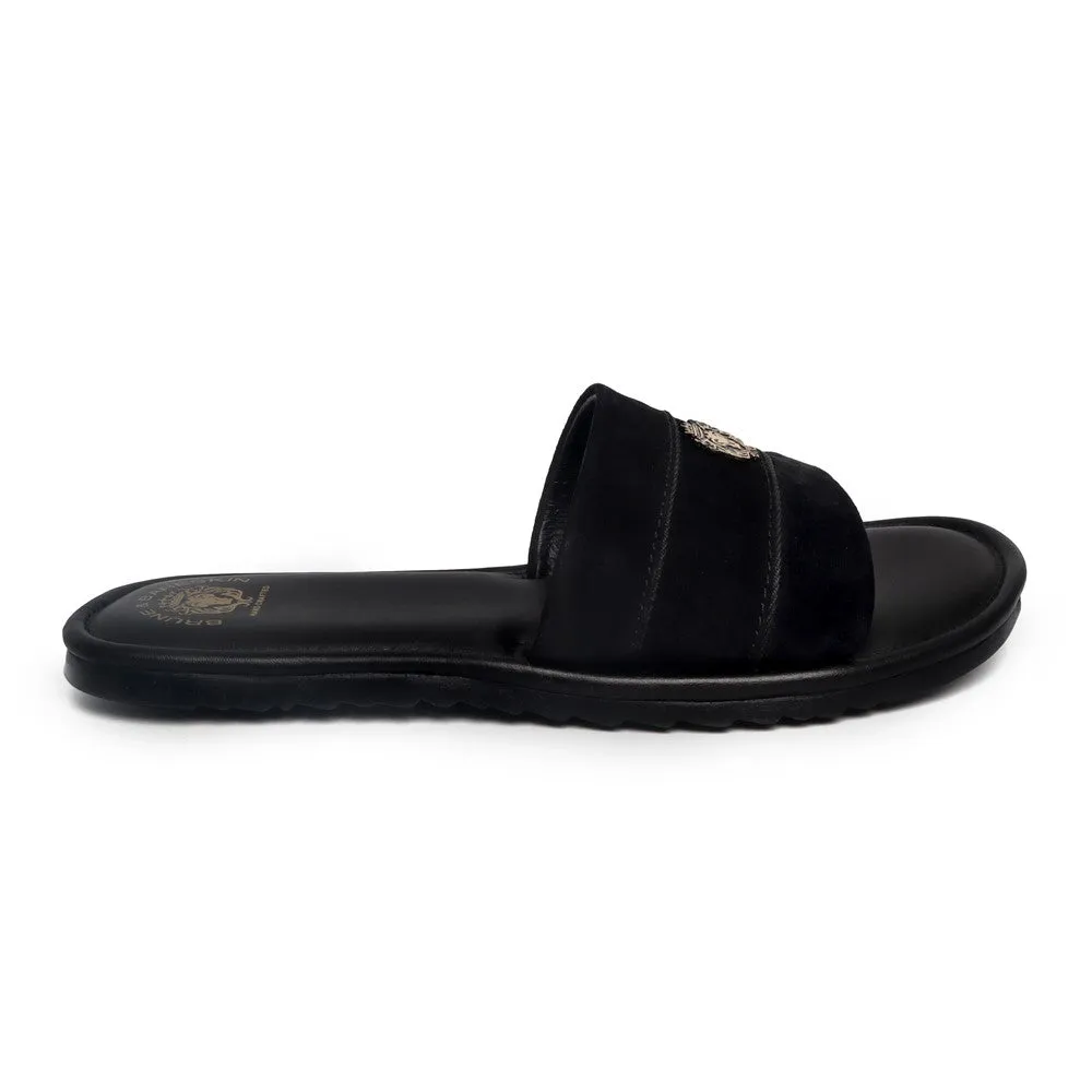 Black Suede Leather Strap Slide-in Slippers by BRUNE & BARESKIN