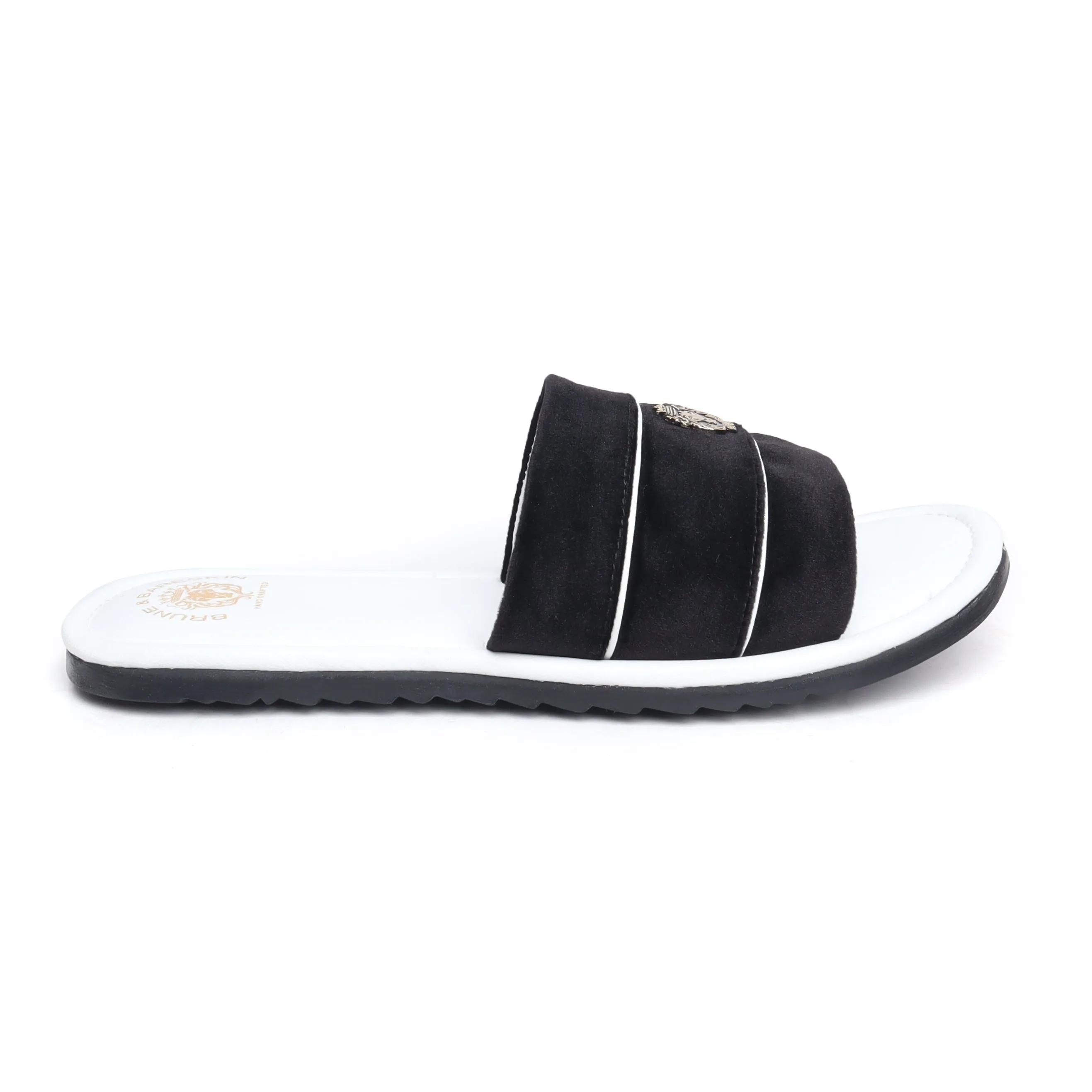 Black Velvet Strap White Leather Slide-in Slippers By BRUNE & BARESKIN