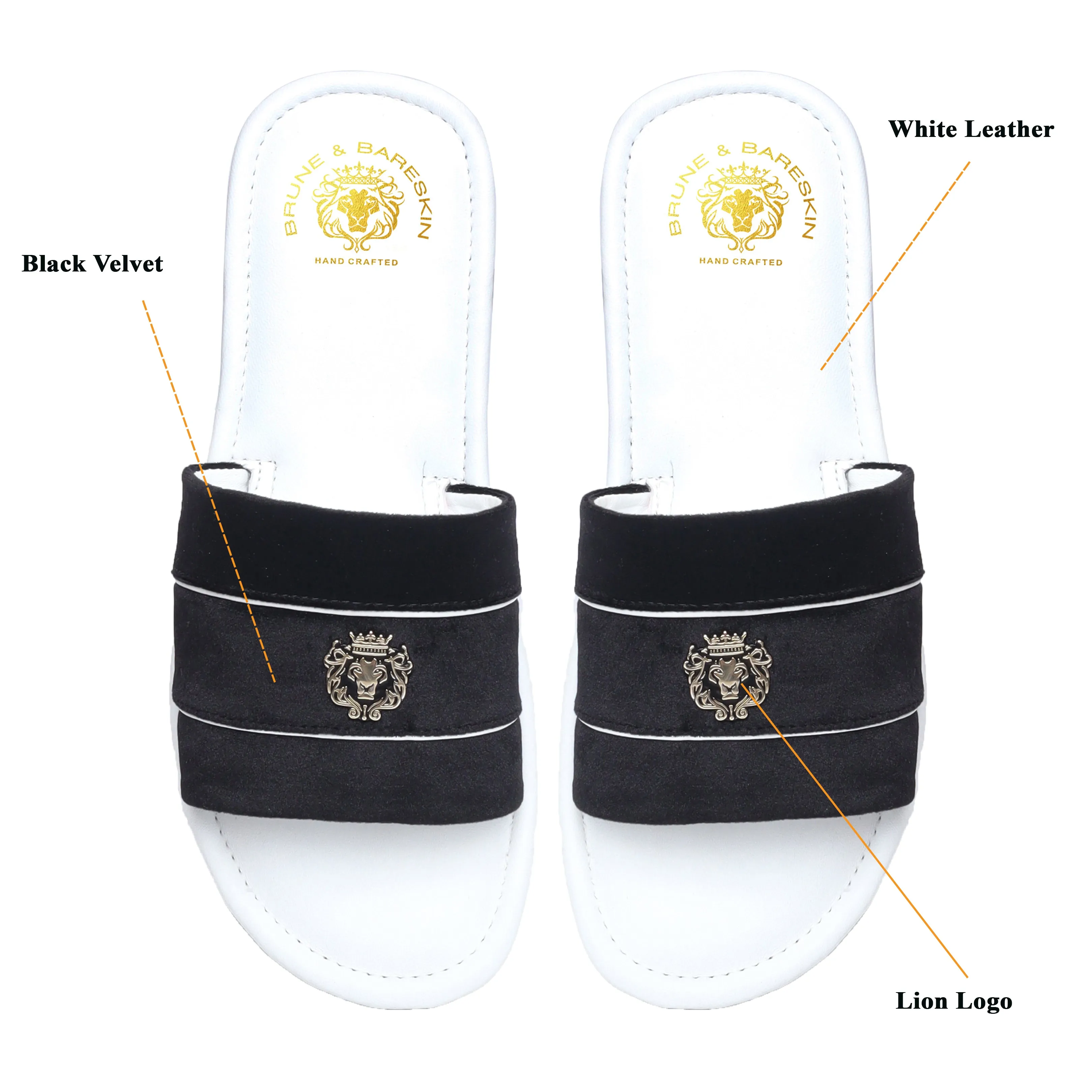 Black Velvet Strap White Leather Slide-in Slippers By BRUNE & BARESKIN