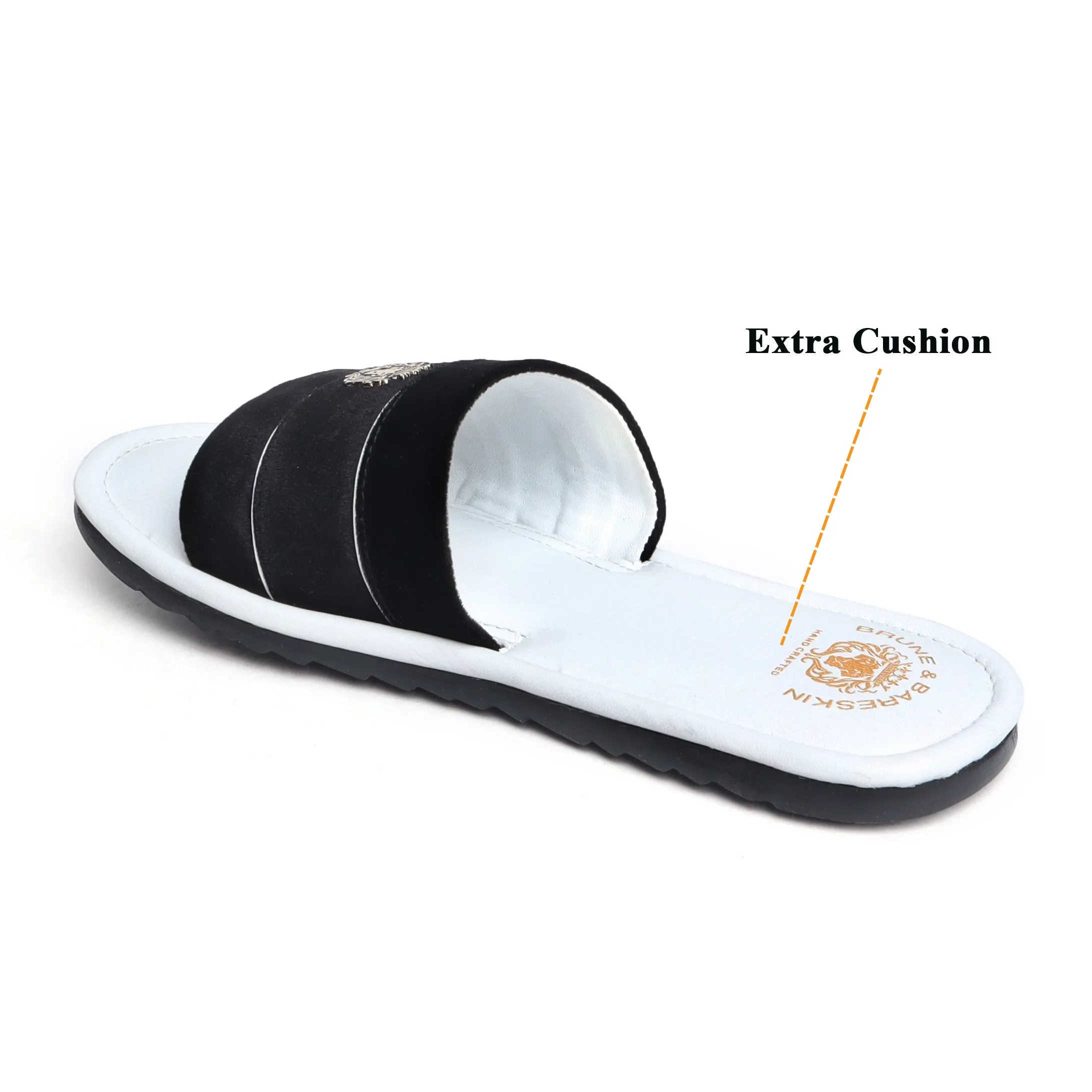 Black Velvet Strap White Leather Slide-in Slippers By BRUNE & BARESKIN