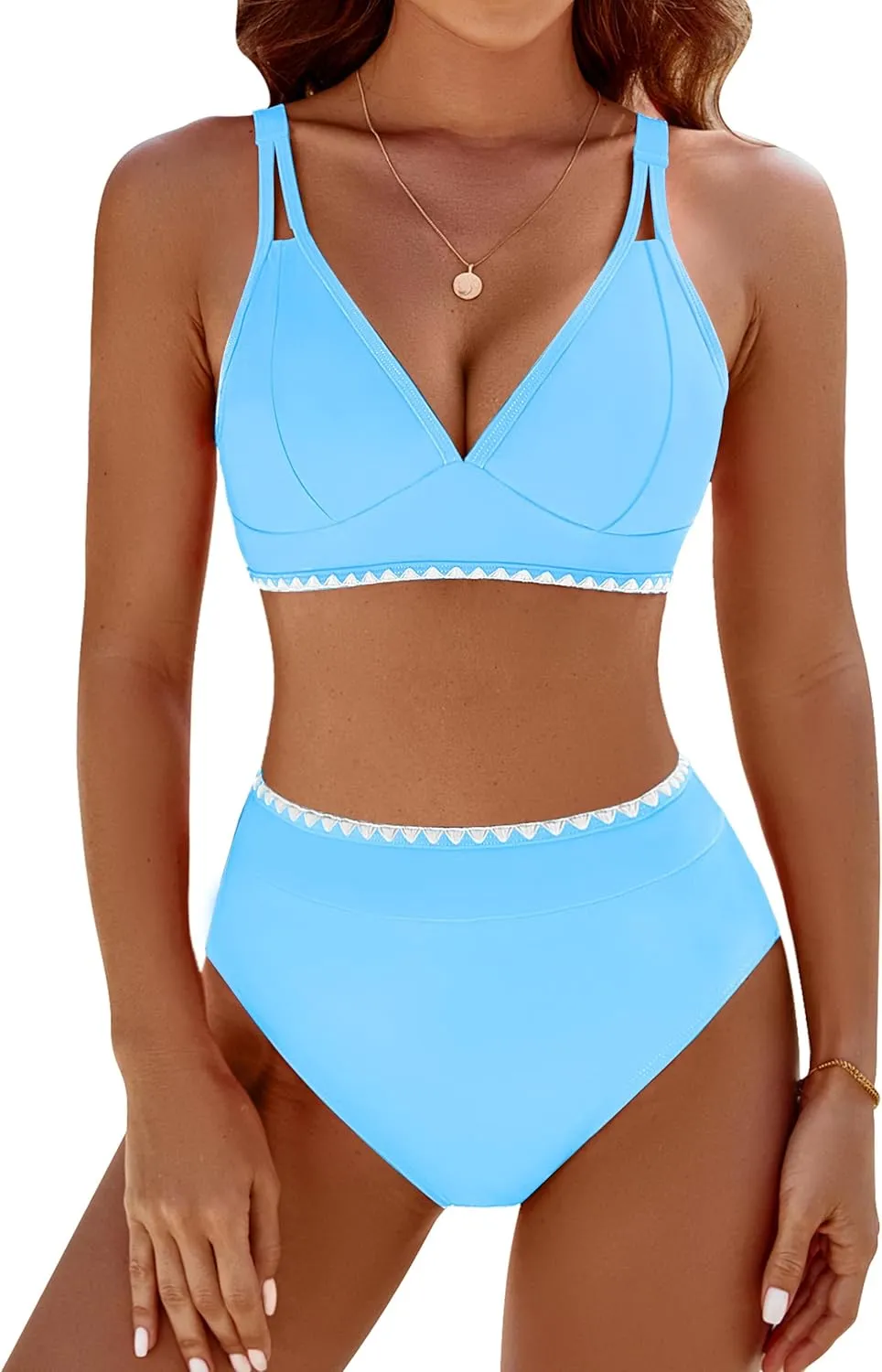 BMJL Women's Bikini Sets V Neck High Waisted Swimsuits Shell Stitched Cheeky Two Piece Bathing Suit