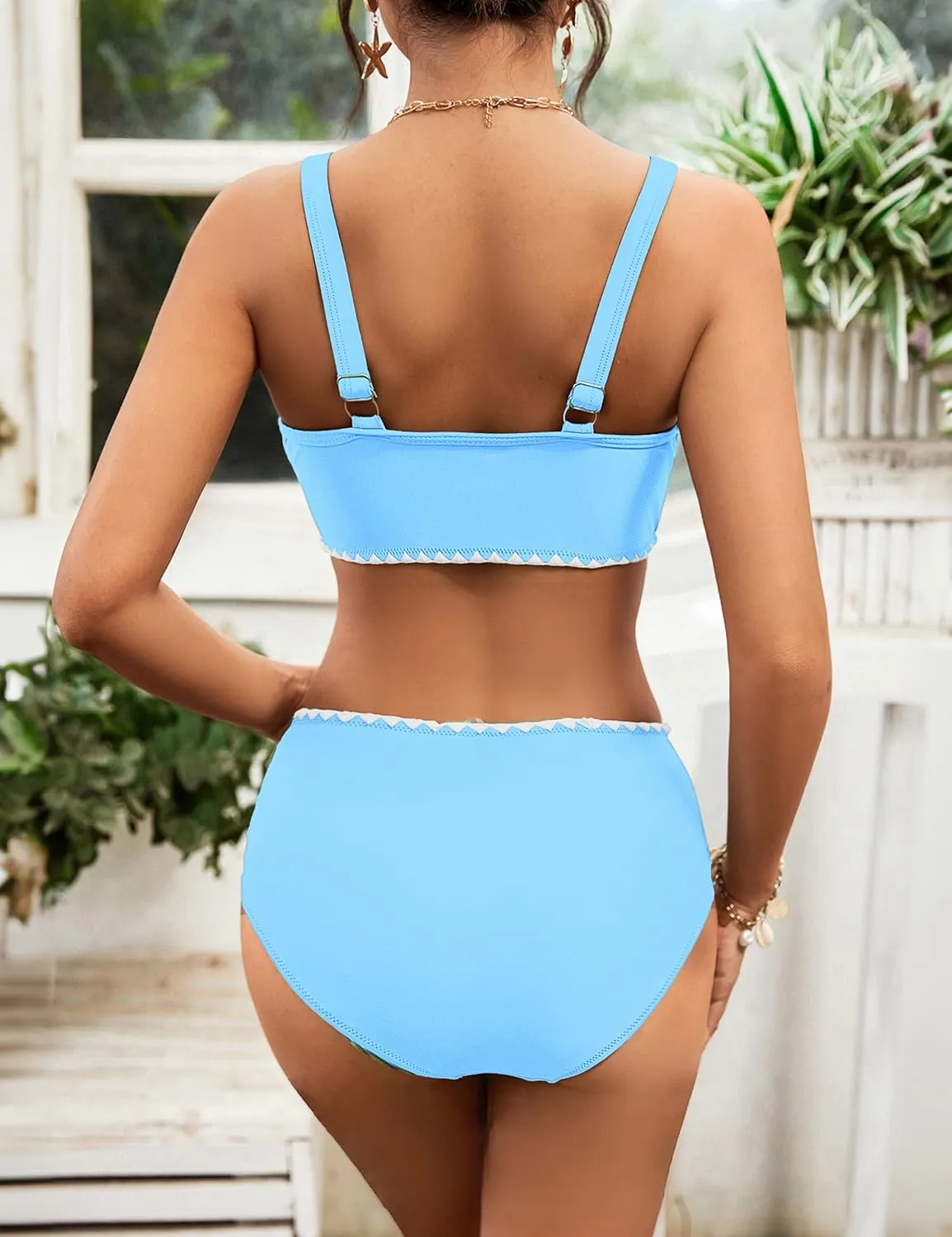 BMJL Women's Bikini Sets V Neck High Waisted Swimsuits Shell Stitched Cheeky Two Piece Bathing Suit