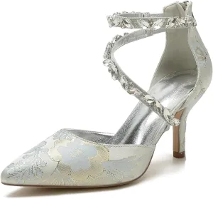 Buckle Bridal Silk Wedding Shoes Women Satin Pumps Pointed Toe High Heel Rhinestone Prom Shoes