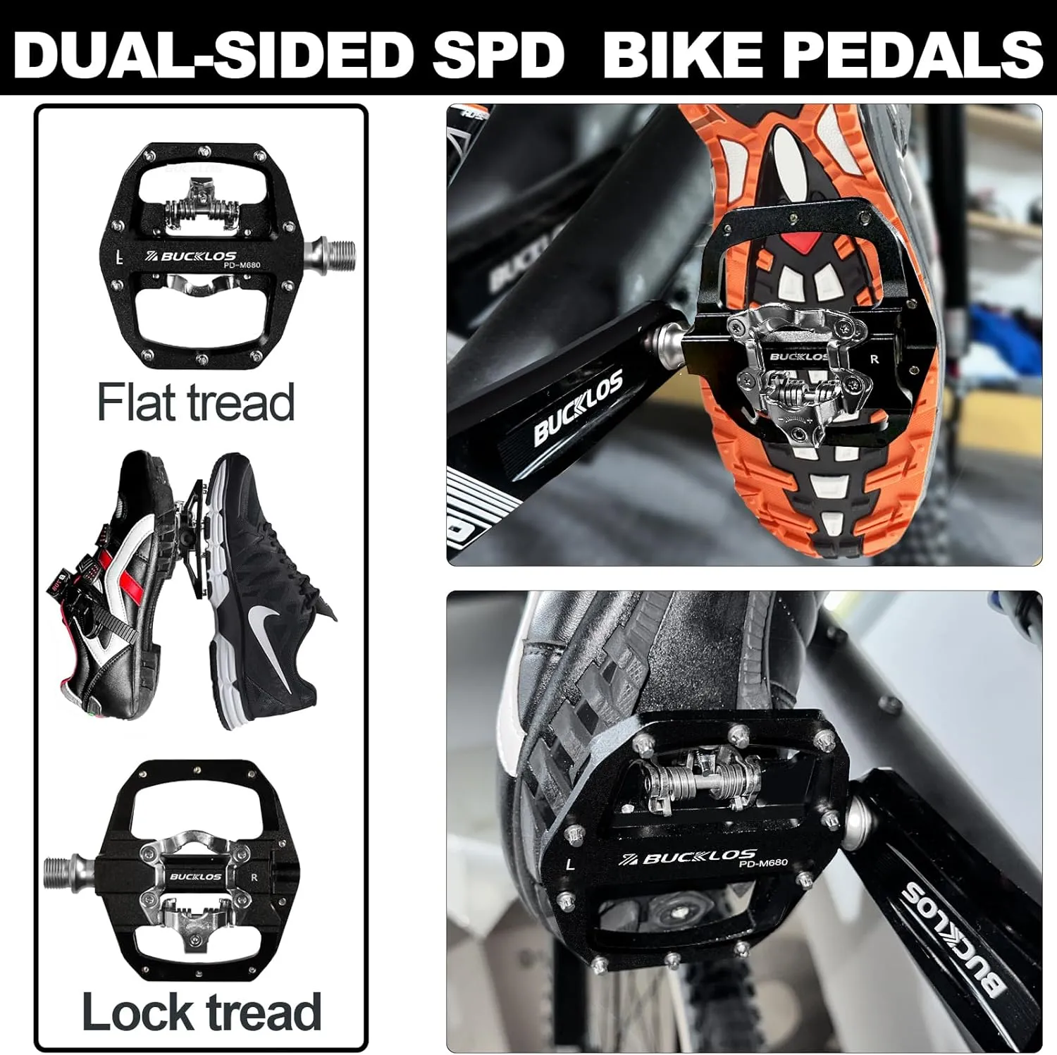 BUCKLOS SPD Pedals PD-M680 Mountain Bike Clip in SPD Flat Combo Dual Sided Pedals - Road Bike MTB Clipless Sealed Bearing Bicycle Clips Pedal Compatible with Shimano SPD Cleats (Black…