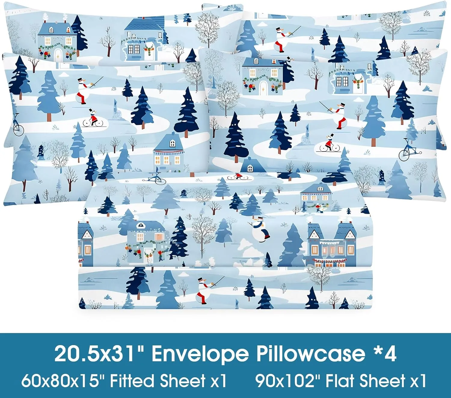 BYSURE Christmas Snowman Printed Sheets 6 Pieces Set (Queen Size,Snowman), Winter Village Pattern Microfiber 15 inch Deep Pocket Bedding, Christmas Decoration Indoor
