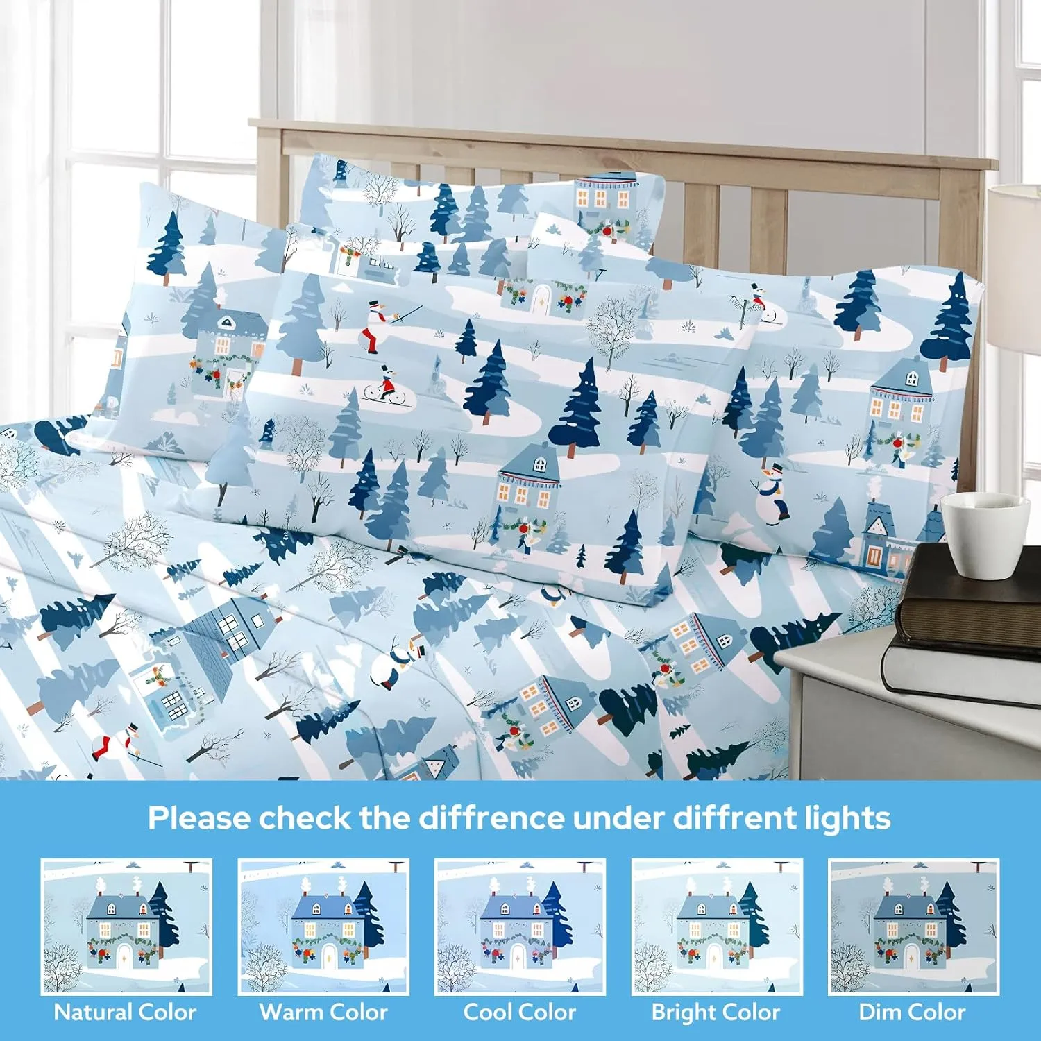 BYSURE Christmas Snowman Printed Sheets 6 Pieces Set (Queen Size,Snowman), Winter Village Pattern Microfiber 15 inch Deep Pocket Bedding, Christmas Decoration Indoor