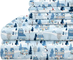 BYSURE Christmas Snowman Printed Sheets 6 Pieces Set (Queen Size,Snowman), Winter Village Pattern Microfiber 15 inch Deep Pocket Bedding, Christmas Decoration Indoor