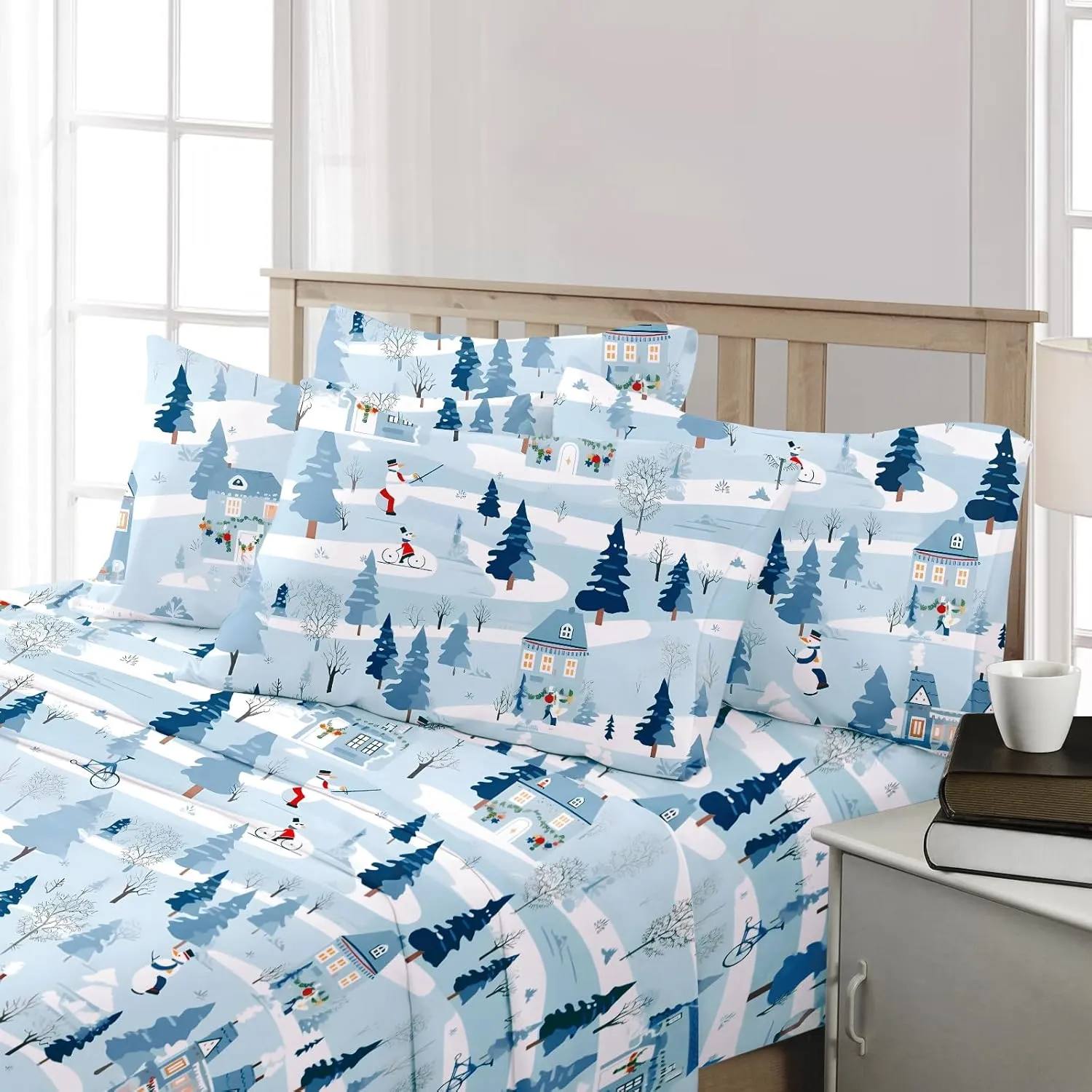 BYSURE Christmas Snowman Printed Sheets 6 Pieces Set (Queen Size,Snowman), Winter Village Pattern Microfiber 15 inch Deep Pocket Bedding, Christmas Decoration Indoor