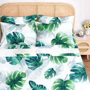 BYSURE Queen Sheet Set 6 Pieces (Green Monstera Deliciosa), Cottage Core Botanical Patterned Sheets, Tropical Vacation Microfiber Bedding Decor