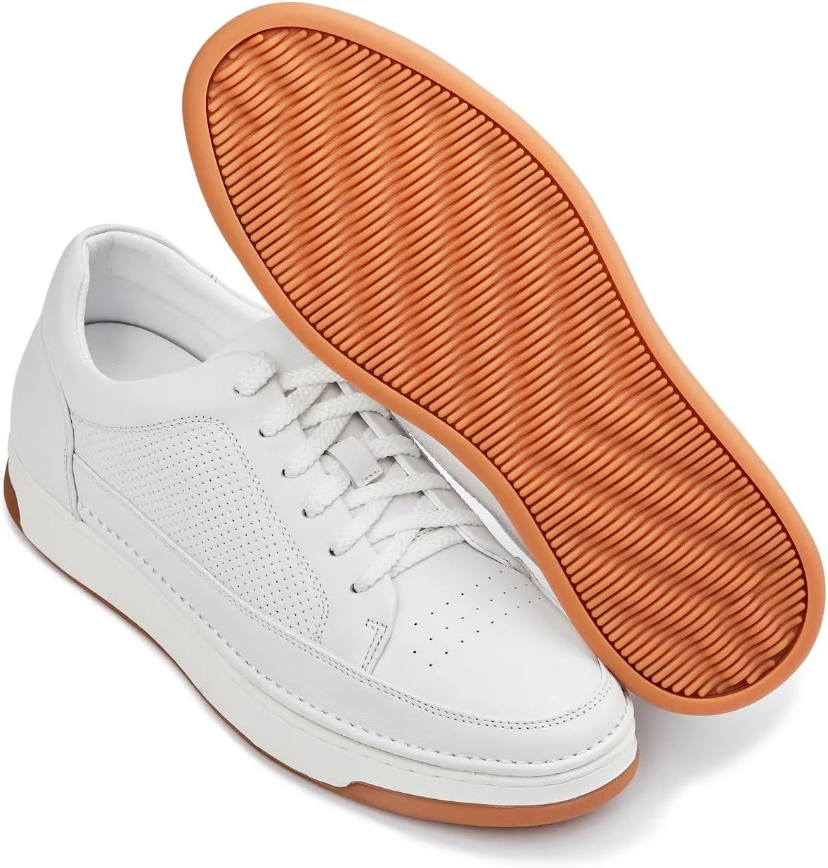 CALTO Men's Invisible Height Increasing Elevator Shoes - White/Off-White & Gum Sole Premium Leather Leather Lace-up Fashion Sneakers - 2.6 Inches Taller - Y7932 - Size 10 D(M) US