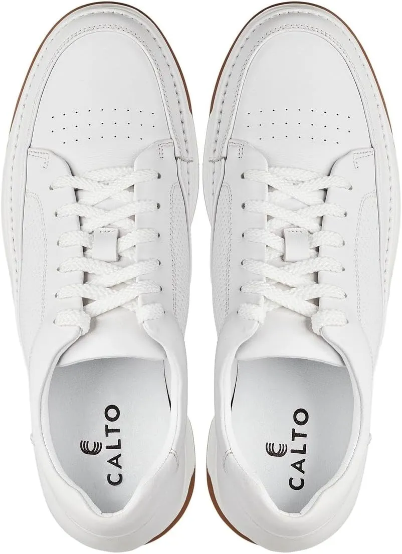 CALTO Men's Invisible Height Increasing Elevator Shoes - White/Off-White & Gum Sole Premium Leather Leather Lace-up Fashion Sneakers - 2.6 Inches Taller - Y7932 - Size 10 D(M) US