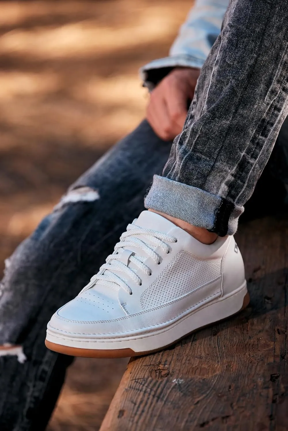 CALTO Men's Invisible Height Increasing Elevator Shoes - White/Off-White & Gum Sole Premium Leather Leather Lace-up Fashion Sneakers - 2.6 Inches Taller - Y7932 - Size 10 D(M) US