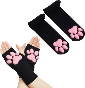 Cat Paw Thigh High Socks Golves, Cute Soft 3D Toe Beans Socks Mittens Kitten Claw Pad Socks for Girl Women Cosplay Set…