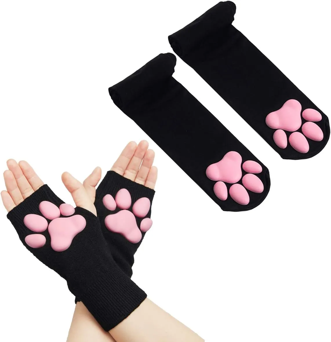 Cat Paw Thigh High Socks Golves, Cute Soft 3D Toe Beans Socks Mittens Kitten Claw Pad Socks for Girl Women Cosplay Set…