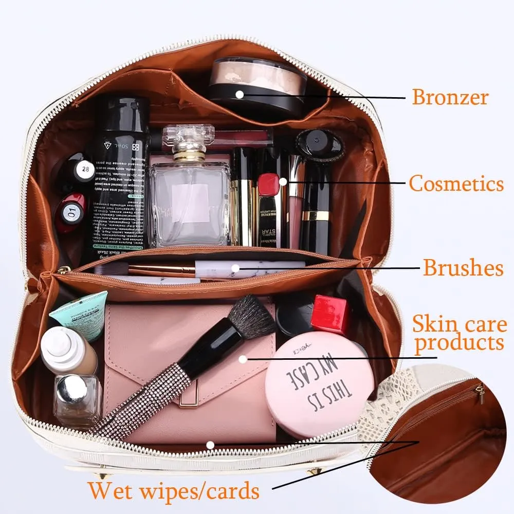 Cessfle Large Capacity Travel Cosmetic Bag Plaid Checkered Makeup Bag Portable Leather Waterproof Skincare Bag with Handle and Divider for Women 01-White