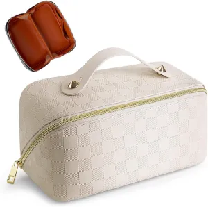 Cessfle Large Capacity Travel Cosmetic Bag Plaid Checkered Makeup Bag Portable Leather Waterproof Skincare Bag with Handle and Divider for Women 01-White