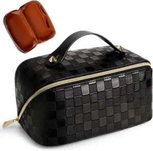 Cessfle Large Capacity Travel Cosmetic Bag Plaid Checkered Makeup Bag Portable Leather Waterproof Skincare Bag with Handle and Divider for Women, Black