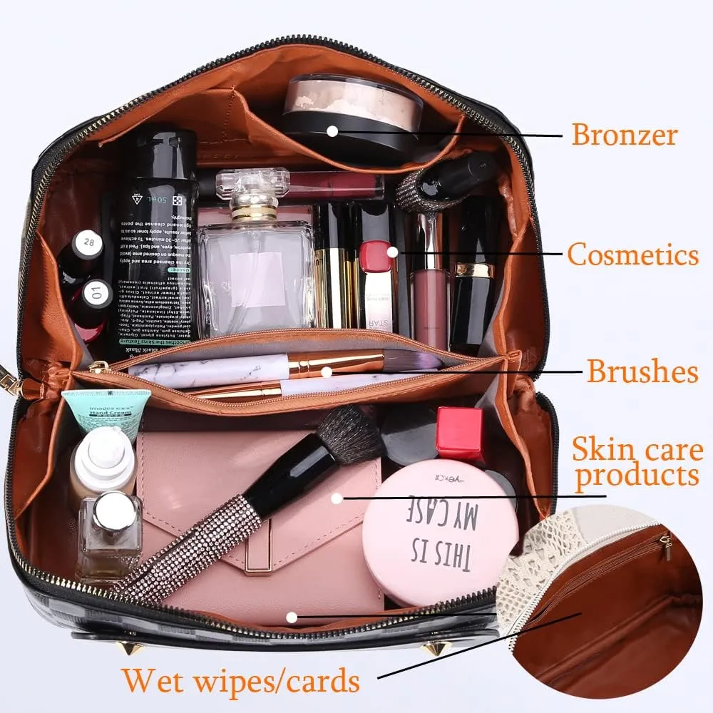 Cessfle Large Capacity Travel Cosmetic Bag Plaid Checkered Makeup Bag Portable Leather Waterproof Skincare Bag with Handle and Divider for Women, Black