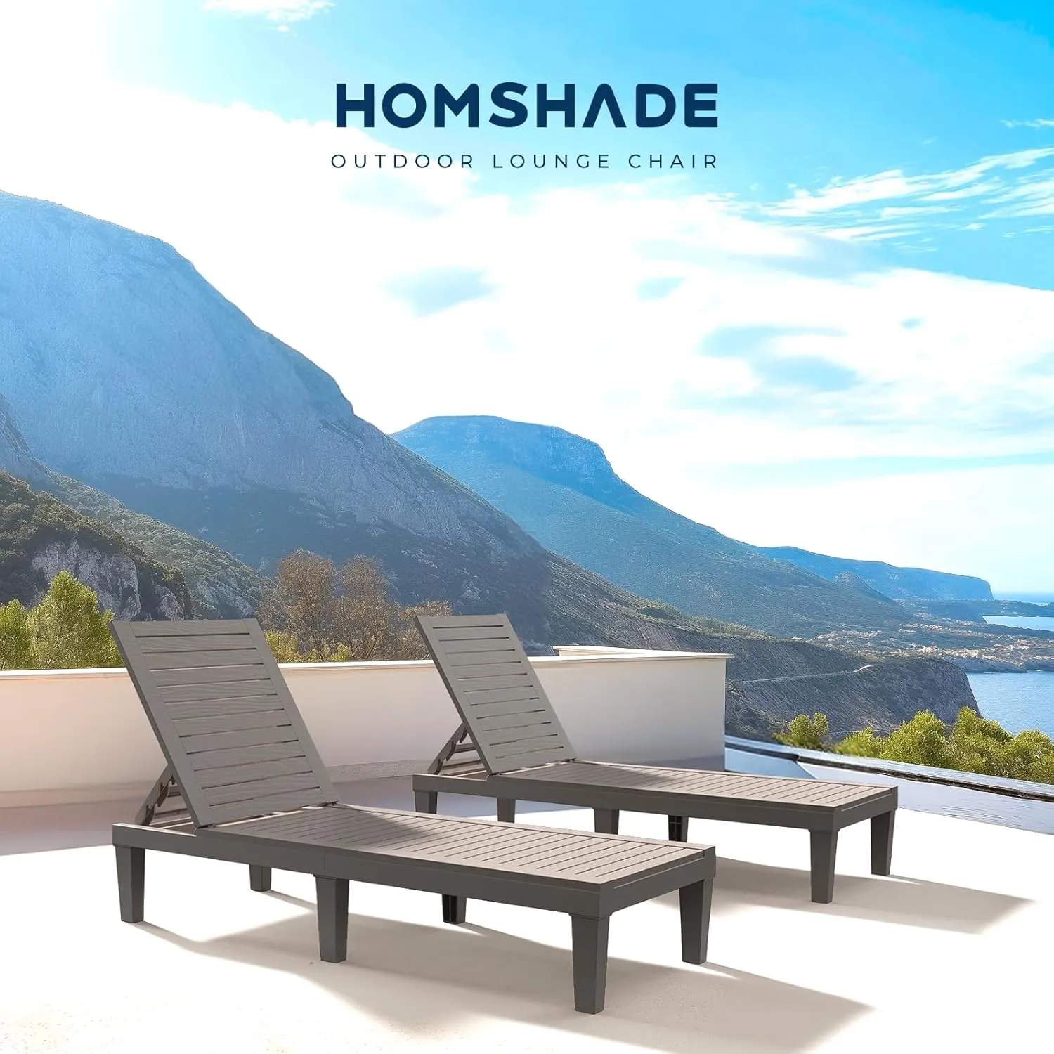 Chaise Lounge Chair Outdoor - 5 Positions Adjustable Backrest, Waterproof, Easy Assembly, with 330lbs Weight Capacity for Pool, Resin (Grey)