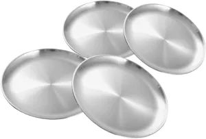 Ciieeo 4pcs Stainless Steel Camping Plates Round Serving Dish for Bbq Steak and Desserts Metal Food Trays for Outdoor Dining and Buffets